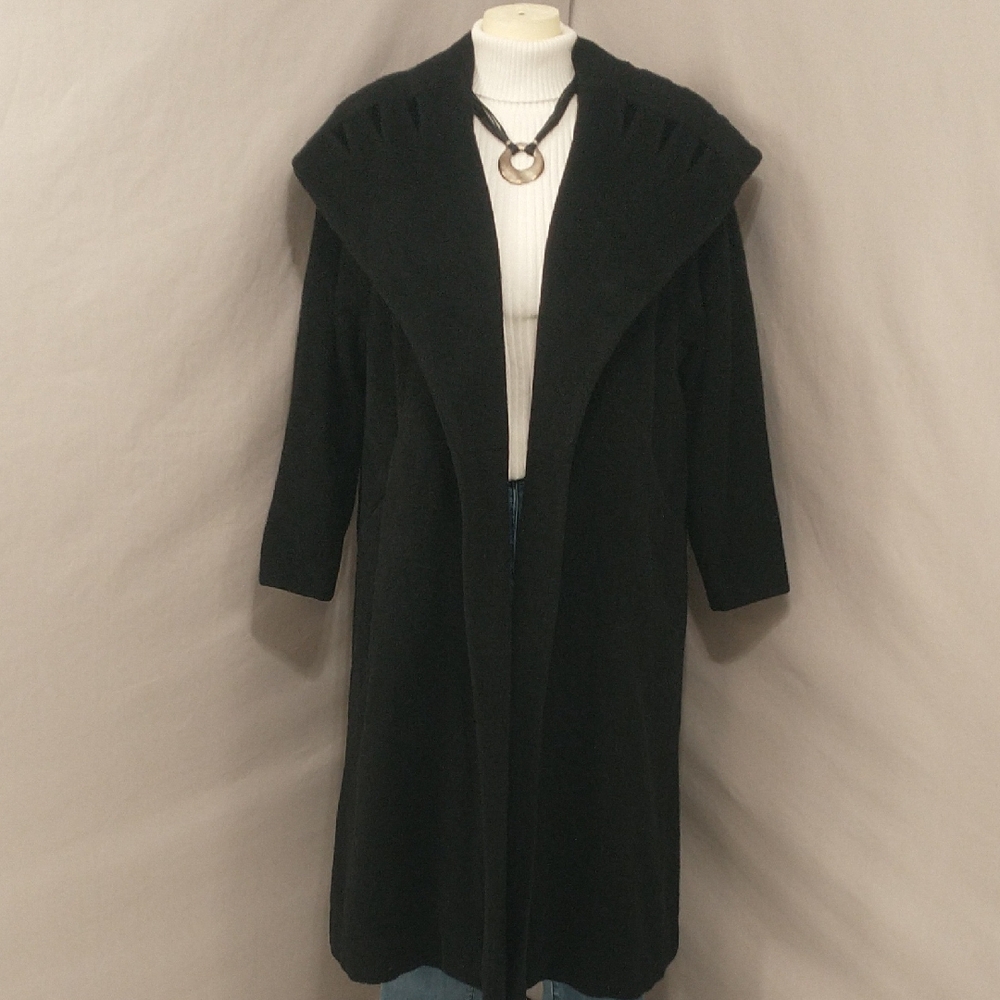 Vintage Worumbo Wool Coat Jet Black Velvet Inset on Wide Collar A line Swing 40s